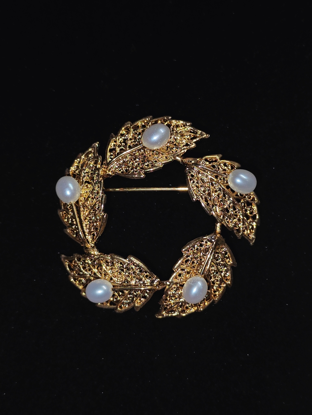 Gold Leaf Freshwater Cultured Pearl Wreath Brooch -Hamilton Gold Plated